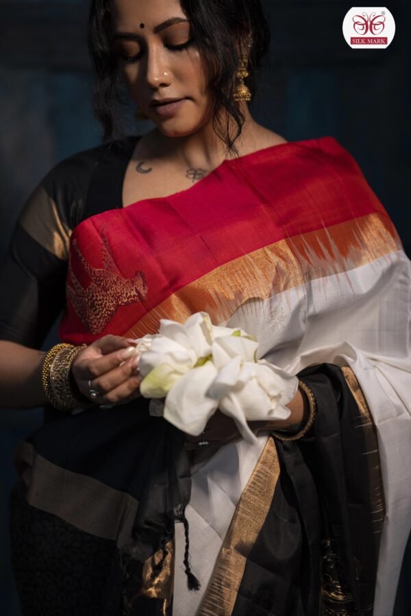 White Silk Saree with Black & Gold Zari Pallu and Temple Border