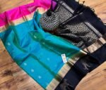 Teal Blue Silk Saree with Black & Gold Zari Pallu and Contrast Pink Border