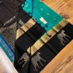 Teal Blue Silk Saree with Black & Gold Zari Pallu and Contrast Pink Border