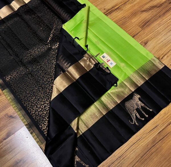 Parrot Green Silk Saree with Black & Gold Zari Pallu and Contrast Pink Border