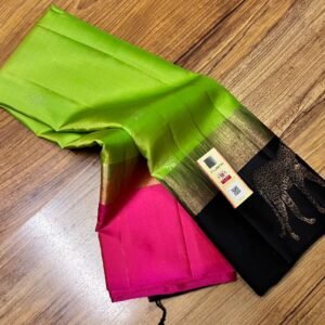 Parrot Green Silk Saree with Black & Gold Zari Pallu and Contrast Pink Border