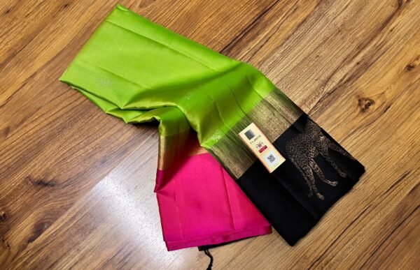Parrot Green Silk Saree with Black & Gold Zari Pallu and Contrast Pink Border
