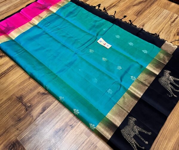 Teal Blue Silk Saree with Black & Gold Zari Pallu and Contrast Pink Border