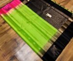Parrot Green Silk Saree with Black & Gold Zari Pallu and Contrast Pink Border