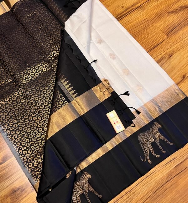 White Silk Saree with Black & Gold Zari Pallu and Temple Border