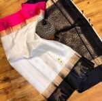 White Silk Saree with Black & Gold Zari Pallu and Temple Border