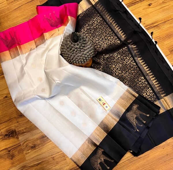 White Silk Saree with Black & Gold Zari Pallu and Temple Border