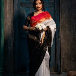 White Silk Saree with Black & Gold Zari Pallu and Temple Border