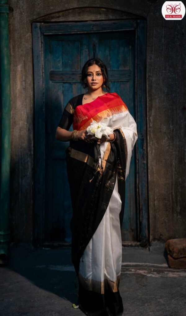 White Silk Saree with Black & Gold Zari Pallu and Temple Border