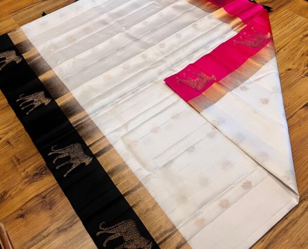 White Silk Saree with Black & Gold Zari Pallu and Temple Border