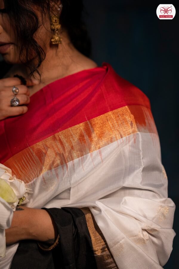 White Silk Saree with Black & Gold Zari Pallu and Temple Border