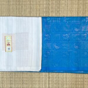 Elegant White Silk Saree with Teal Blue Pallu and Subtle Gold Zari Work (Copy)