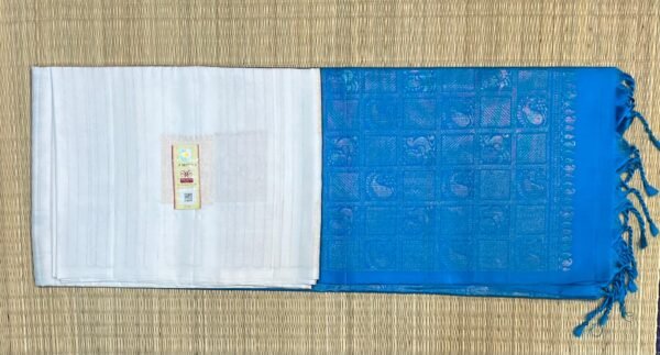 Elegant White Silk Saree with Teal Blue Pallu and Subtle Gold Zari Work (Copy)