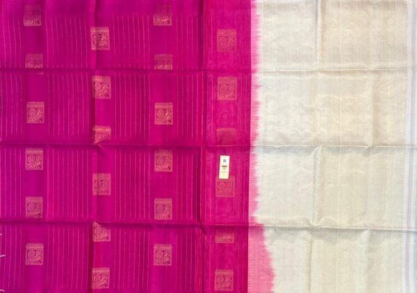Rani Pink Kanjivaram Silk Saree with Rich Gold Zari and white Contrast Pallu