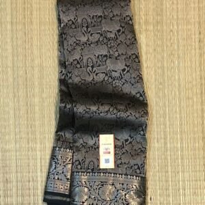 Black Silver Zari Woven Saree with Elephant Motifs & Temple Border