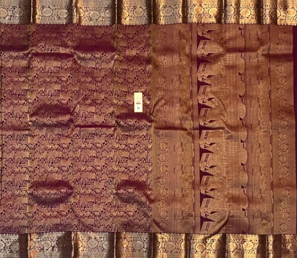 Wine Maroon Gold Zari Woven Saree with Elephant Motifs & Temple Border