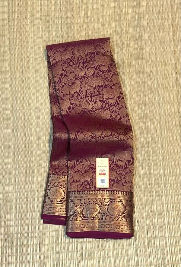 Wine Maroon Gold Zari Woven Saree with Elephant Motifs & Temple Border