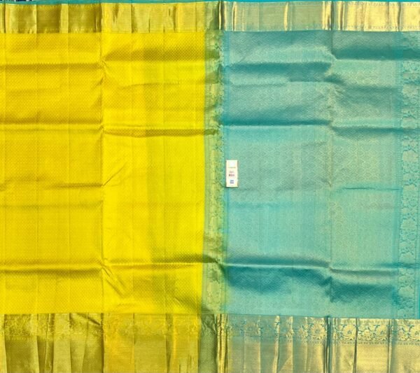 Sunshine Yellow & Aqua Blue Gold Zari Silk Saree with Contrast Borde