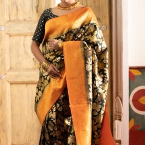 Royal Black & Sunset Orange Gold Zari Floral Banarasi Silk Saree