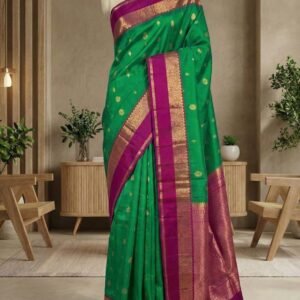 Emerald Green & Rani Pink Gold Zari Gap Border Silk Saree