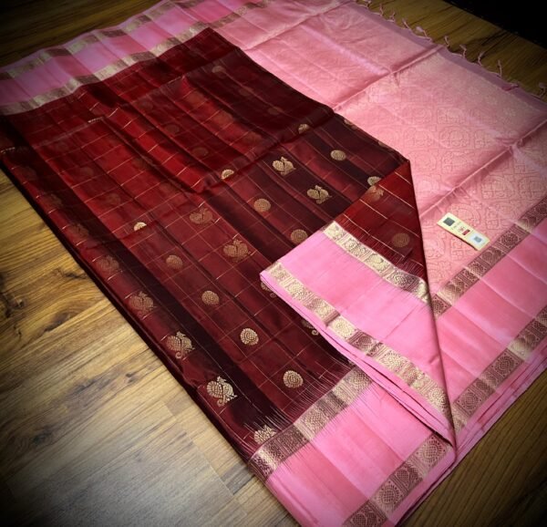 Maroon & Rose Pink Gold Zari Retta Petta Silk Saree