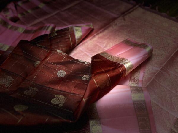 Maroon & Rose Pink Gold Zari Retta Petta Silk Saree