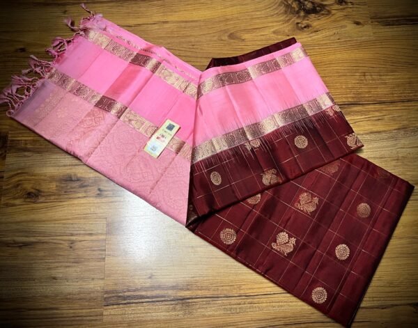 Maroon & Rose Pink Gold Zari Retta Petta Silk Saree