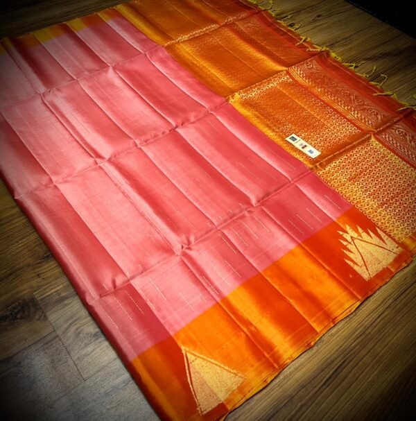 Blush Pink & Sunset Orange Pure Silk Saree with Grand Gold Zari Pallu