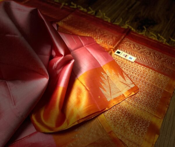 Blush Pink & Sunset Orange Pure Silk Saree with Grand Gold Zari Pallu