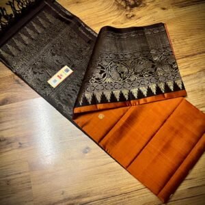 Royal Amber Silk Saree with Coffee Brown Turning Border & Grand Gold Zari Pallu