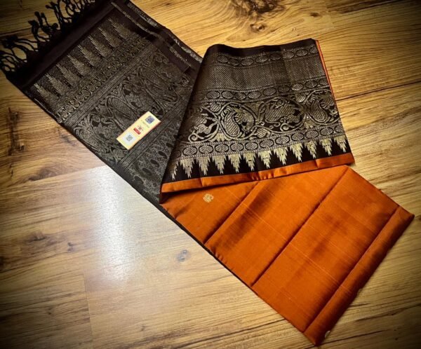 Royal Amber Silk Saree with Coffee Brown Turning Border & Grand Gold Zari Pallu