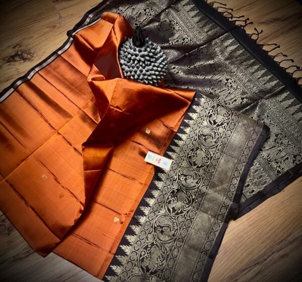 Royal Amber Silk Saree with Coffee Brown Turning Border & Grand Gold Zari Pallu