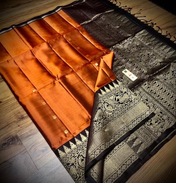 Royal Amber Silk Saree with Coffee Brown Turning Border & Grand Gold Zari Pallu