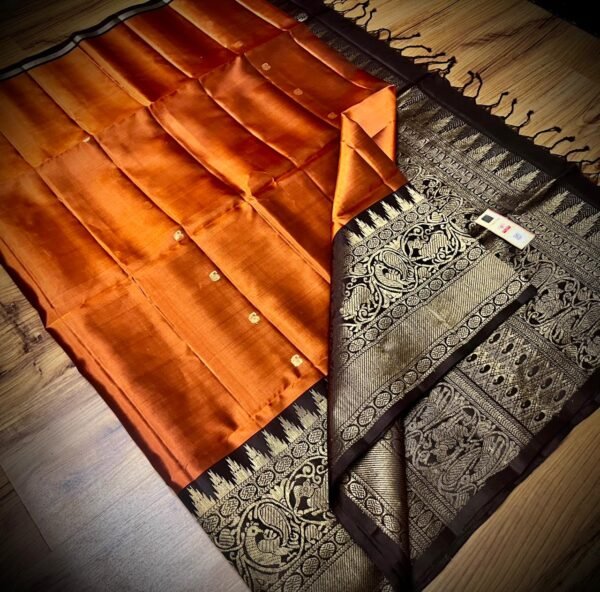 Royal Amber Silk Saree with Coffee Brown Turning Border & Grand Gold Zari Pallu