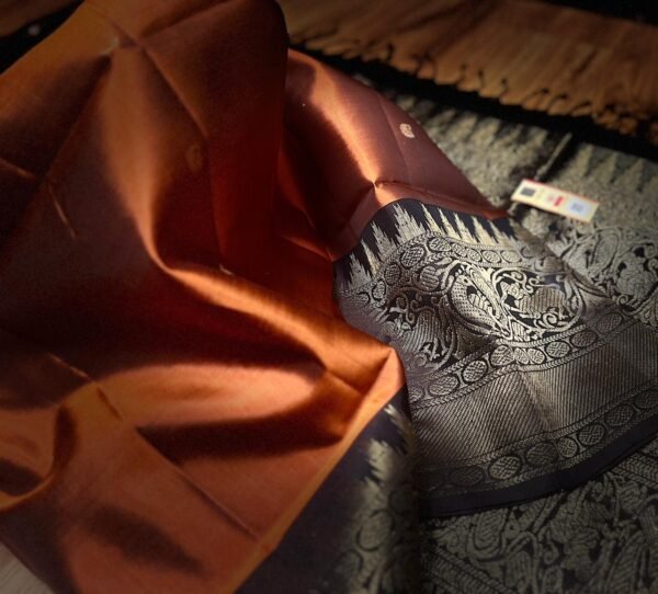Royal Amber Silk Saree with Coffee Brown Turning Border & Grand Gold Zari Pallu