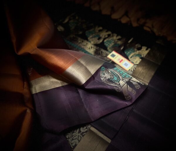 Royal Amber & Majestic Purple Gold Zari Meena Butta Silk Saree with Elephant Border