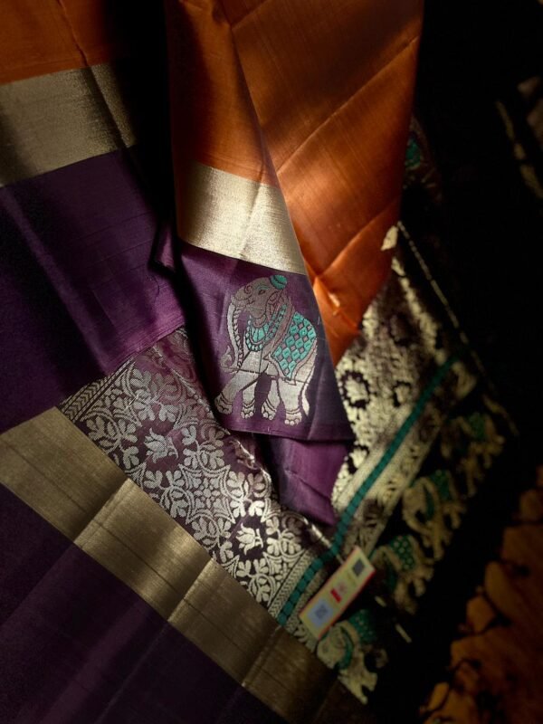 Royal Amber & Majestic Purple Gold Zari Meena Butta Silk Saree with Elephant Border