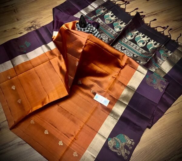 Royal Amber & Majestic Purple Gold Zari Meena Butta Silk Saree with Elephant Border