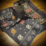 Midnight Charcoal Satin Saree with Traditional Ikat & Elephant Motifs