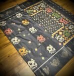 Midnight Charcoal Satin Saree with Traditional Ikat & Elephant Motifs