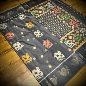 Midnight Charcoal Satin Saree with Traditional Ikat & Elephant Motifs