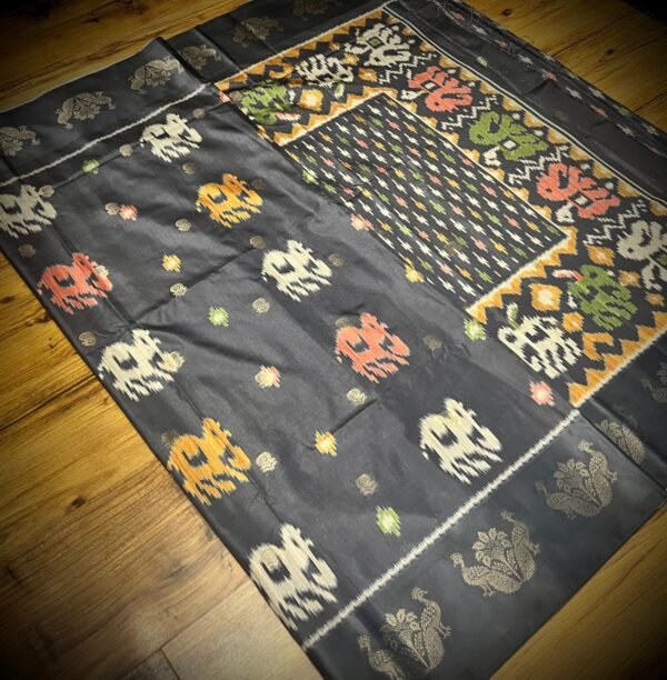 Midnight Charcoal Satin Saree with Traditional Ikat & Elephant Motifs