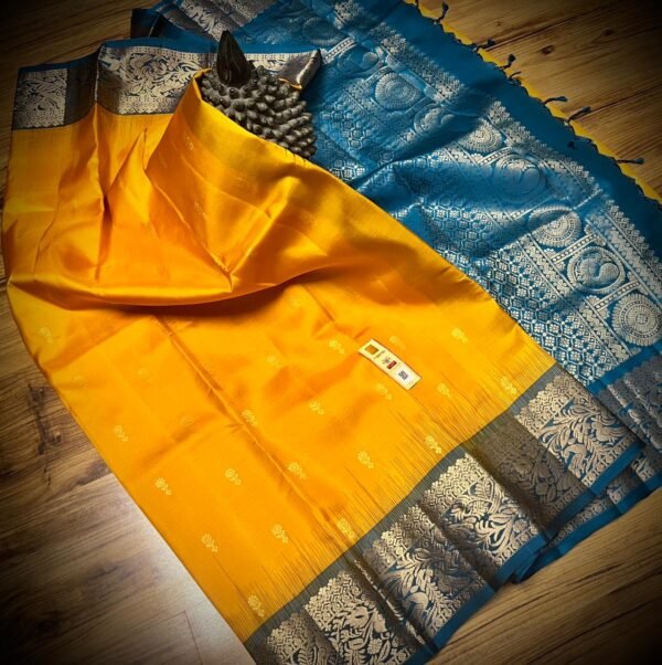 Royal Mustard Silk Saree with Teal Blue Gold Zari Jacquard Border