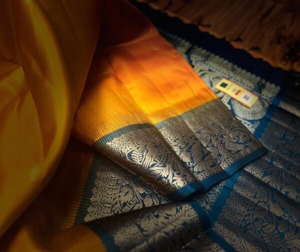 Royal Mustard Silk Saree with Teal Blue Gold Zari Jacquard Border