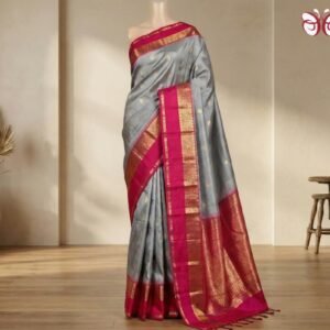 Elegant Grey & Rani Pink Gold Zari Kanjivaram Gap Border Saree