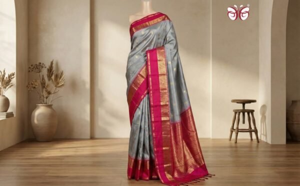 Elegant Grey & Rani Pink Gold Zari Kanjivaram Gap Border Saree