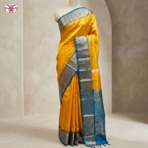 Royal Mustard Silk Saree with Teal Blue Gold Zari Jacquard Border