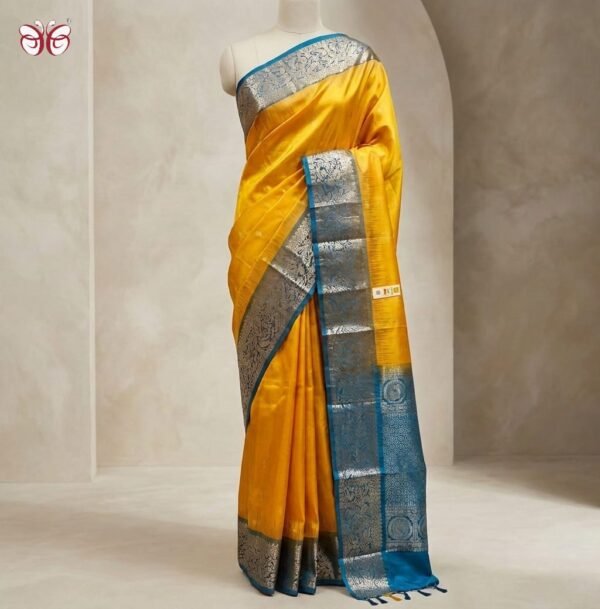 Royal Mustard Silk Saree with Teal Blue Gold Zari Jacquard Border