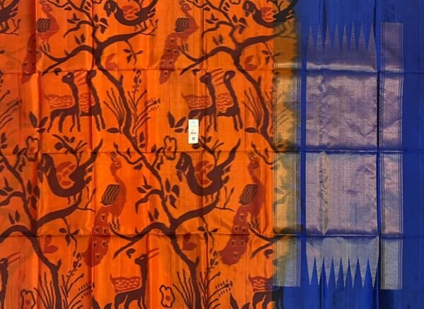 Pure Pochampally Silk Saree in Pearl White with Royal Blue Gold Zari Temple Border