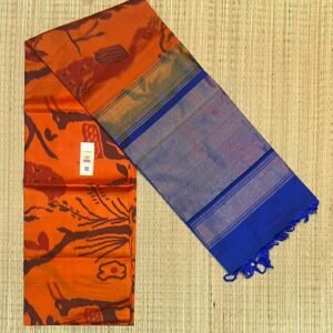 Pure Pochampally Silk Saree in Pearl White with Royal Blue Gold Zari Temple Border